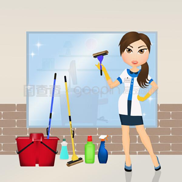女人清洁窗户